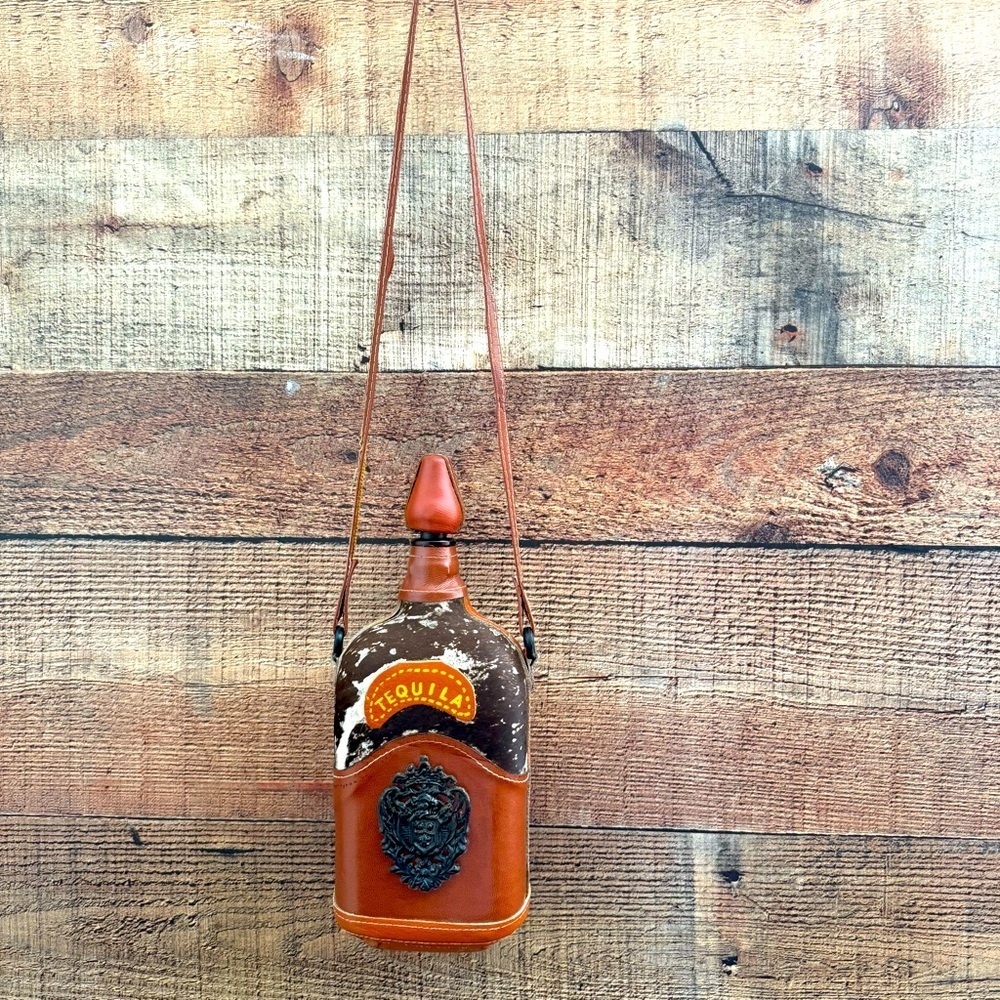 Vintage Leather/Cowhide Wrapped Tequila Collectable Bottle W Strap